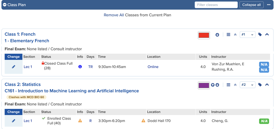 A Class Planner list with extra controls on each class.